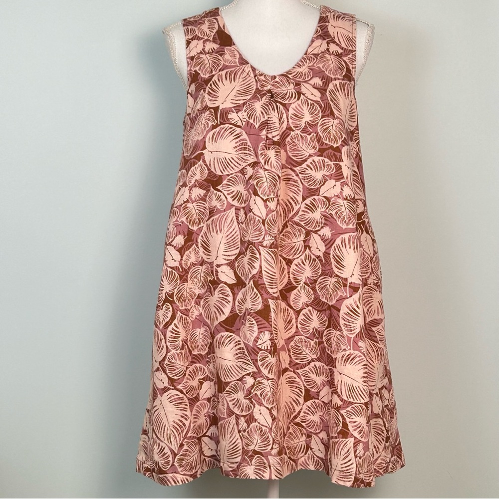 Tahari Linen Palm Leaf Print Sleeveless Dress